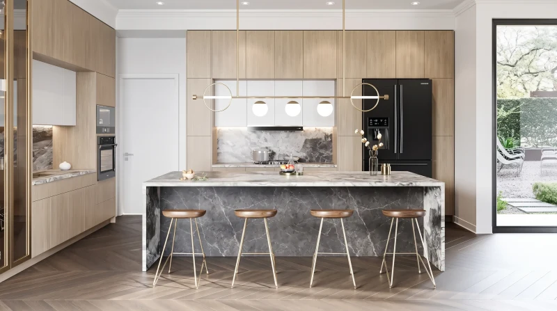 Modern kitchen with wood cabinetry and a grey marble waterfall island by Kitchen Krafter