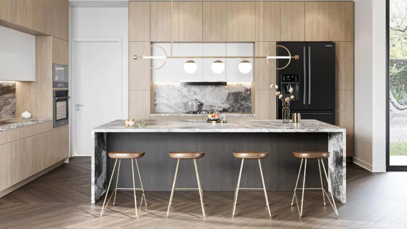 Modern oak kitchen with marble waterfall island