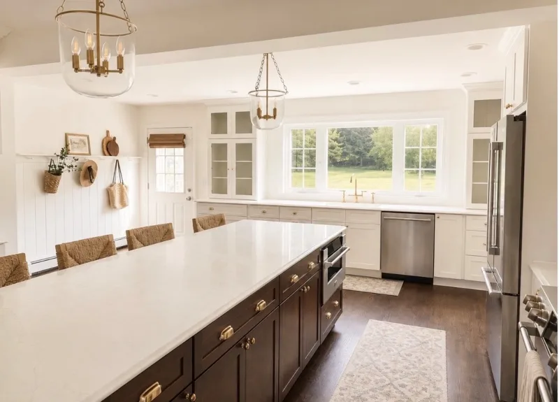 Cream kitchen with dark walnut island