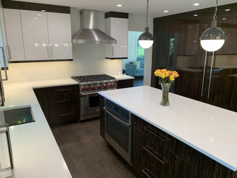 White and dark-wood kitchen with professional range
